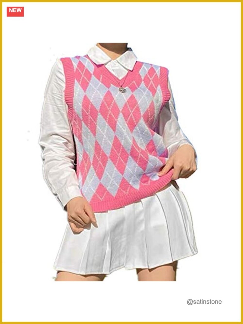 V Neck Argyle Plaid Sweater Vest Sleeveless Knit Tank Top Preppy